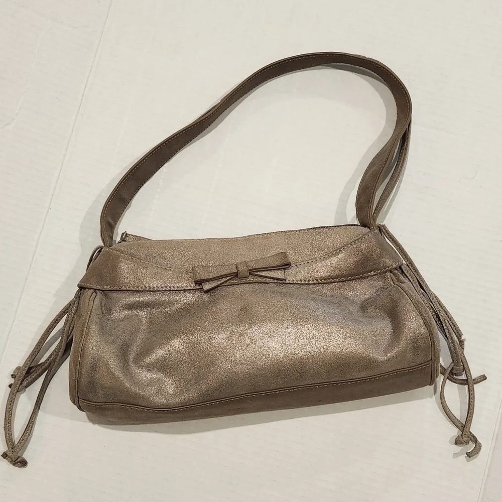 Sondra Roberts Bronze Metallic Bow detail purse Suede Fringe Thick strap